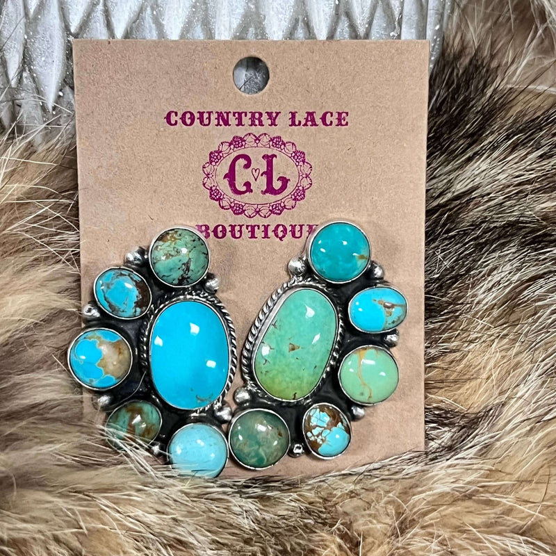 Gorgeous Half Cluster Kingman Turquoise Stud Post Sterling Silver Earring - Country Lace Boutique