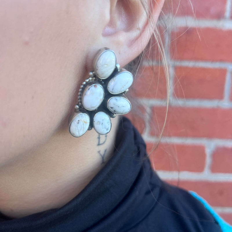 Gorgeous Half Cluster White Buffalo Stud Post Sterling Silver Earring - Country Lace Boutique