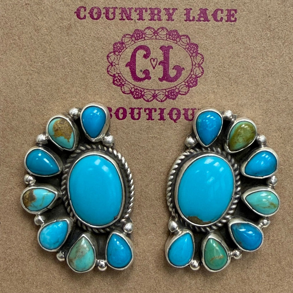 Gorgeous Kingman Turquoise Half Cluster Post Sterling Silver Earring - Country Lace Boutique