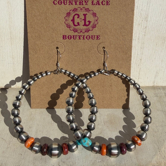 Graduated Pearl Multistone Round Hoop Navajo Sterling Silver Earring - Country Lace Boutique