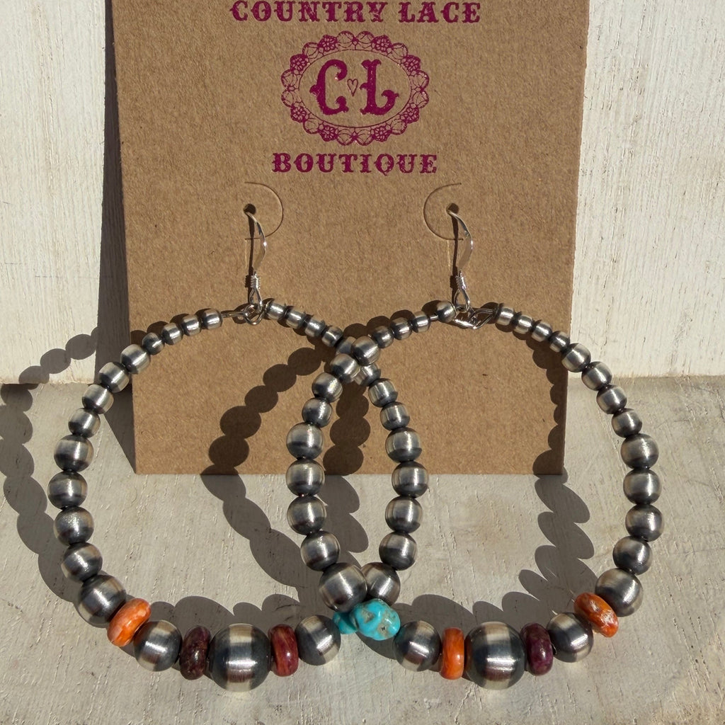 Graduated Pearl Multistone Round Hoop Navajo Sterling Silver Earring - Country Lace Boutique