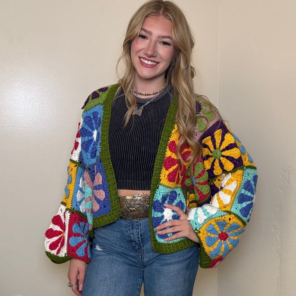 Crochet Flower Crop Sweater Cardigan - Country Lace Boutique