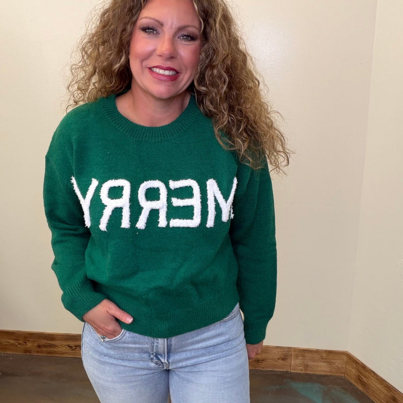 Green Crop Merry Long Sleeve Sweater - Country Lace Boutique