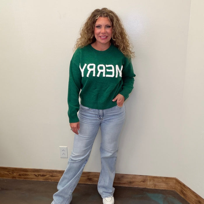 Green Crop Merry Long Sleeve Sweater - Country Lace Boutique