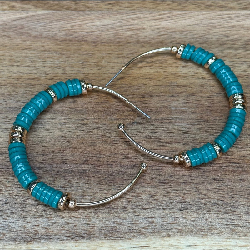 Green & Gold Beaded Patterned Big Hoop Post Fashion Earring - Country Lace Boutique