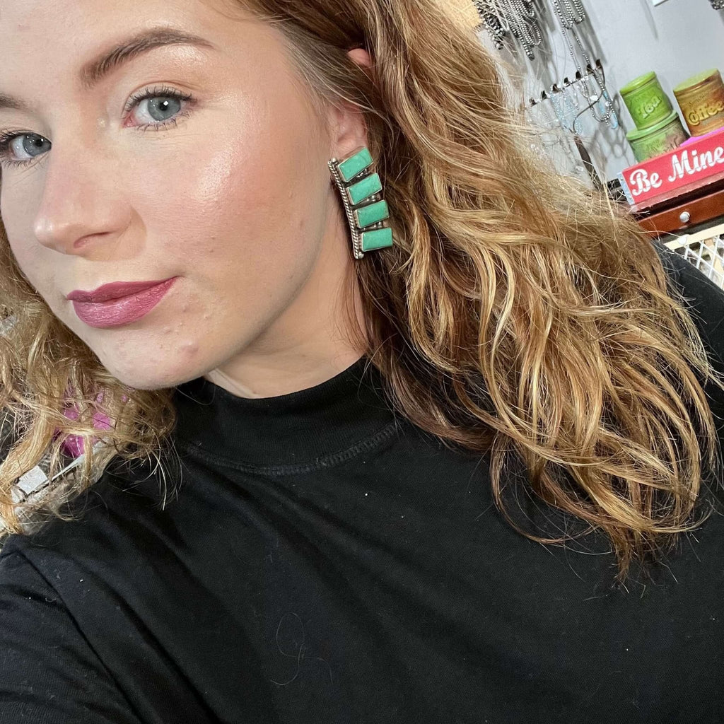 Green Kingman Turquoise 4 Stone Post Sterling Silver Earring - Country Lace Boutique