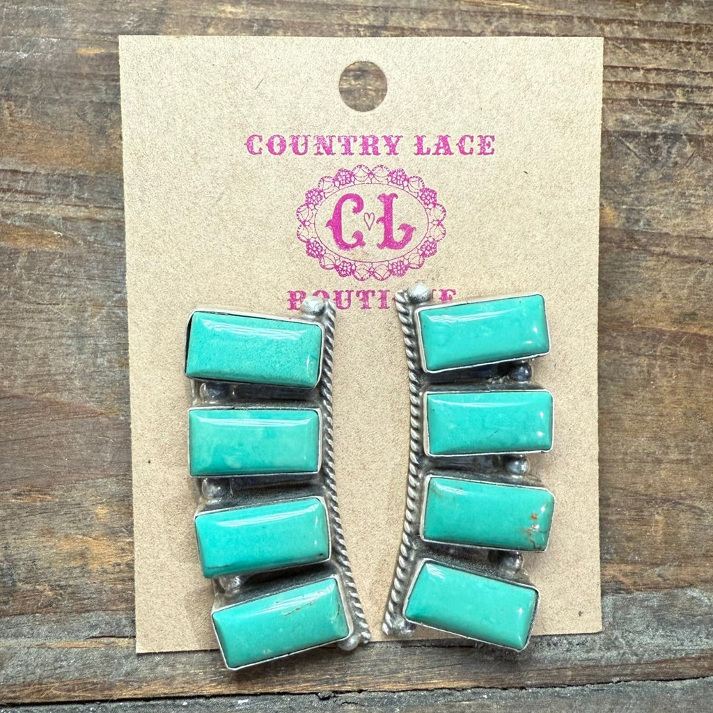 Green Kingman Turquoise 4 Stone Post Sterling Silver Earring - Country Lace Boutique