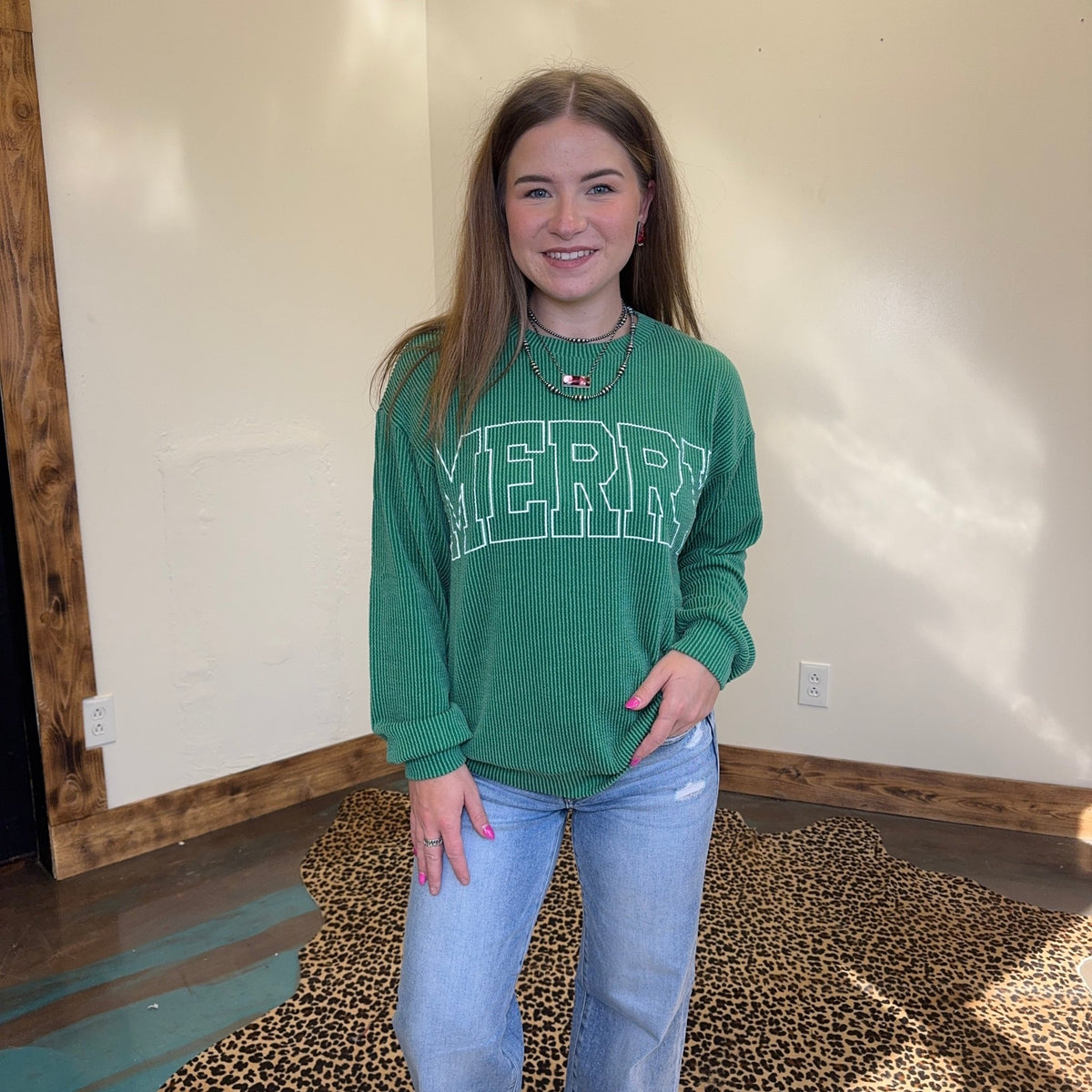 Green MERRY Ribbed Long Sleeve Shirt - Country Lace Boutique