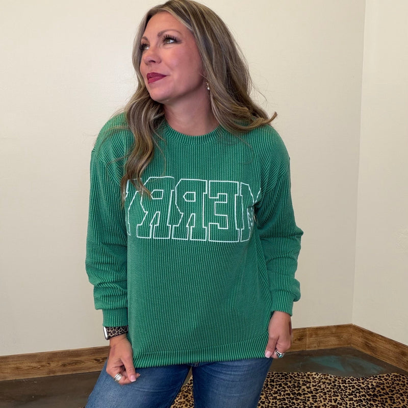 Green MERRY Ribbed Long Sleeve Shirt - Country Lace Boutique