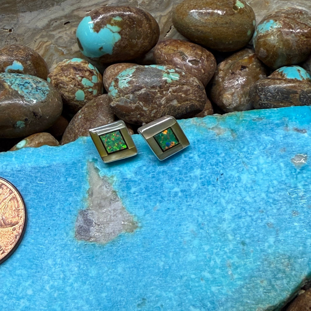 Green Opal Shadowbox Stud Sterling Silver Earring - Country Lace Boutique