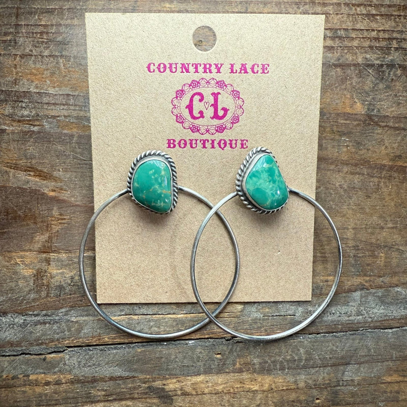 Green Turquoise Hoop Post Sterling Silver Earring - Country Lace Boutique