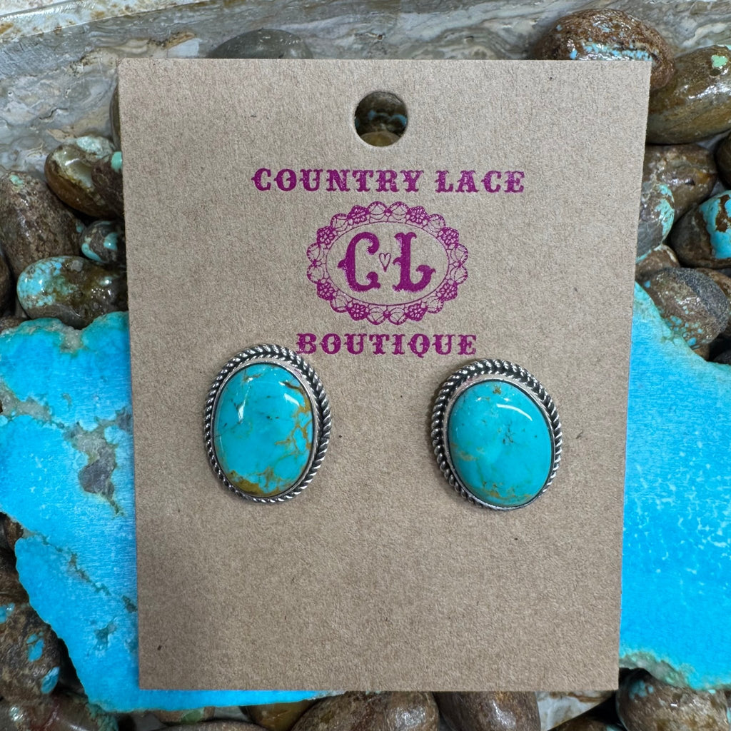 Green Turquoise Oval Post Sterling Silver Earring - Country Lace Boutique