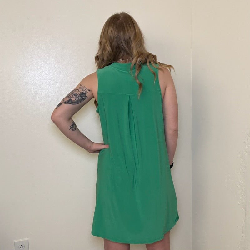 Green V Neck Sleeveless Short Dress w/ Pockets - Country Lace Boutique