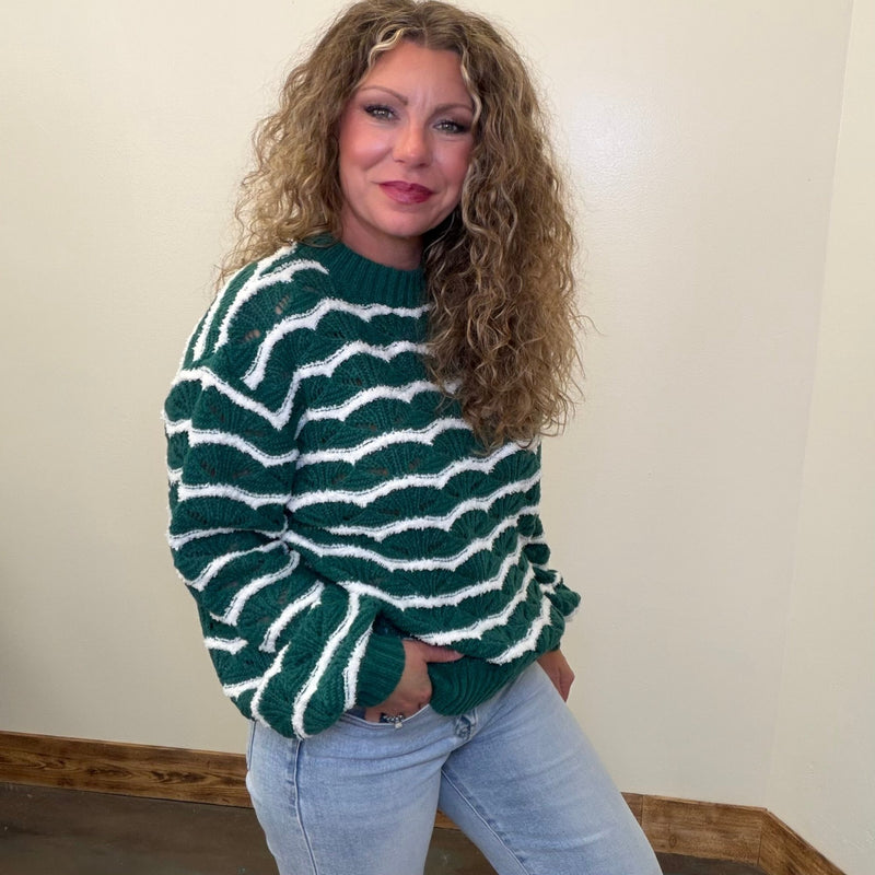 Green & White Detailed Long Sleeve Sweater - Country Lace Boutique