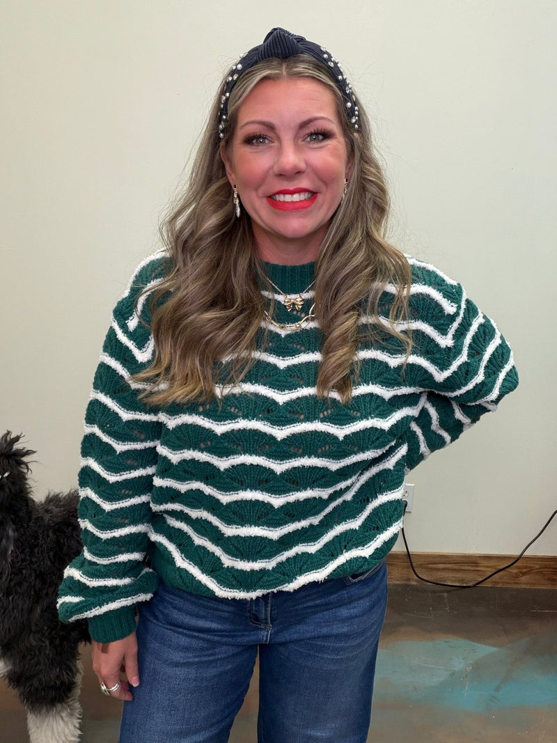 Green & White Detailed Long Sleeve Sweater - Country Lace Boutique