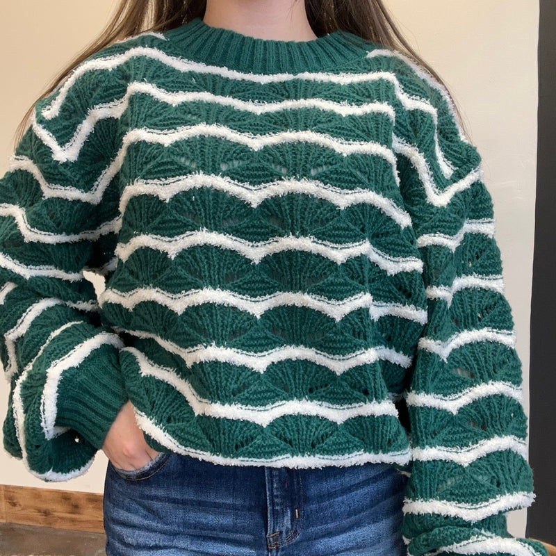 Green & White Detailed Long Sleeve Sweater - Country Lace Boutique