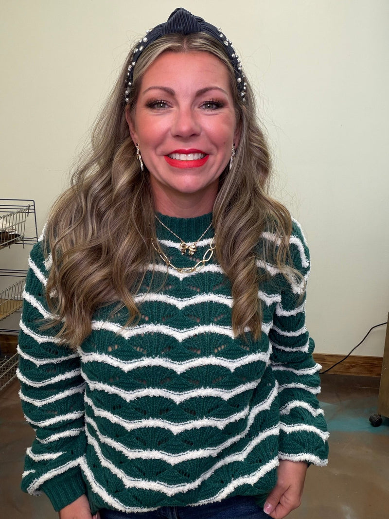 Green & White Detailed Long Sleeve Sweater - Country Lace Boutique