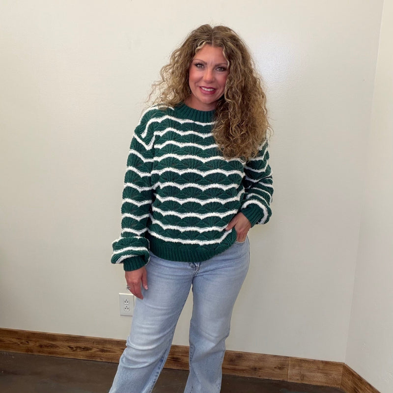 Green & White Detailed Long Sleeve Sweater - Country Lace Boutique