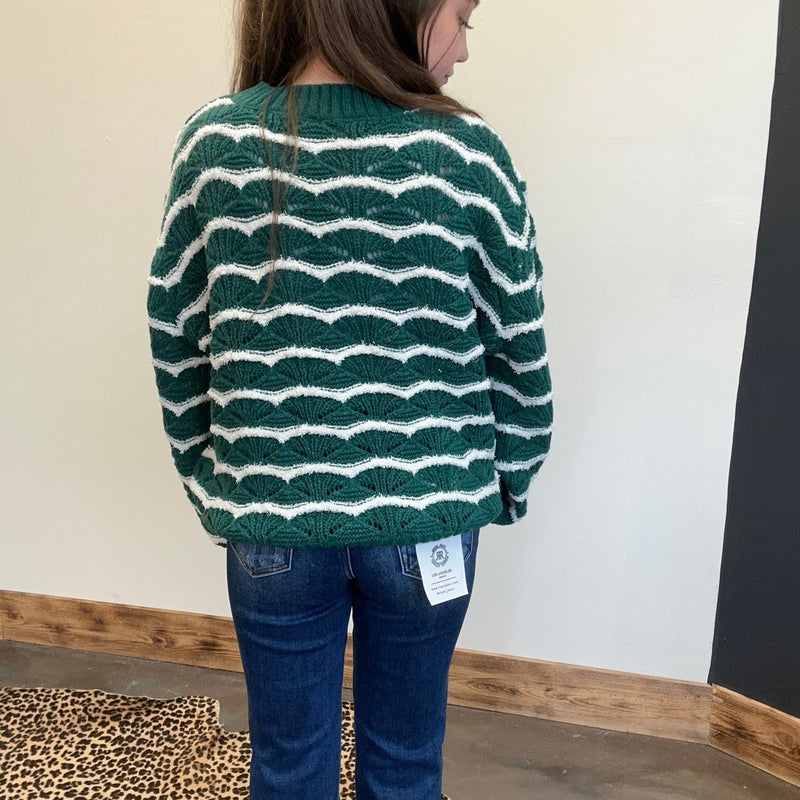 Green & White Detailed Long Sleeve Sweater - Country Lace Boutique