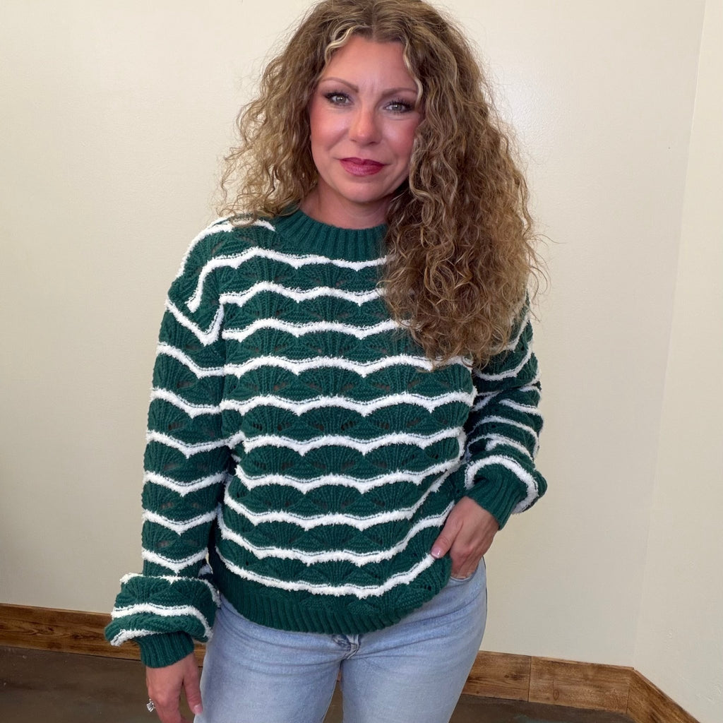 Green & White Detailed Long Sleeve Sweater - Country Lace Boutique