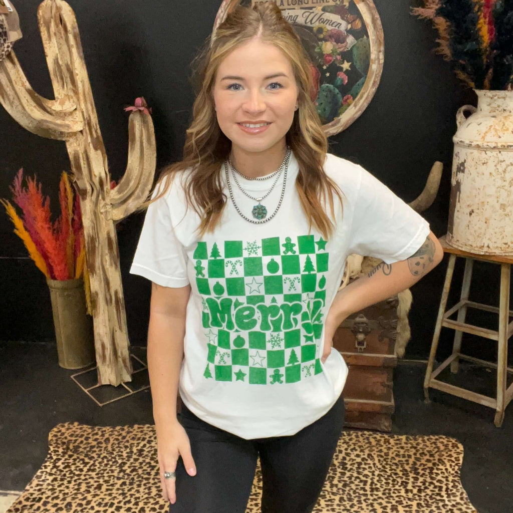 Green Worn Merry White Comfort Color Crew Neck T-shirt - Country Lace Boutique