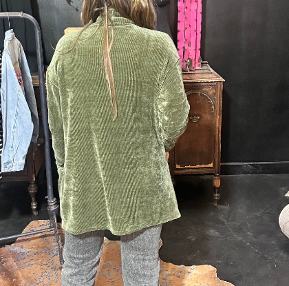 Olive Ribbed Veour Cardigan w/ pockets