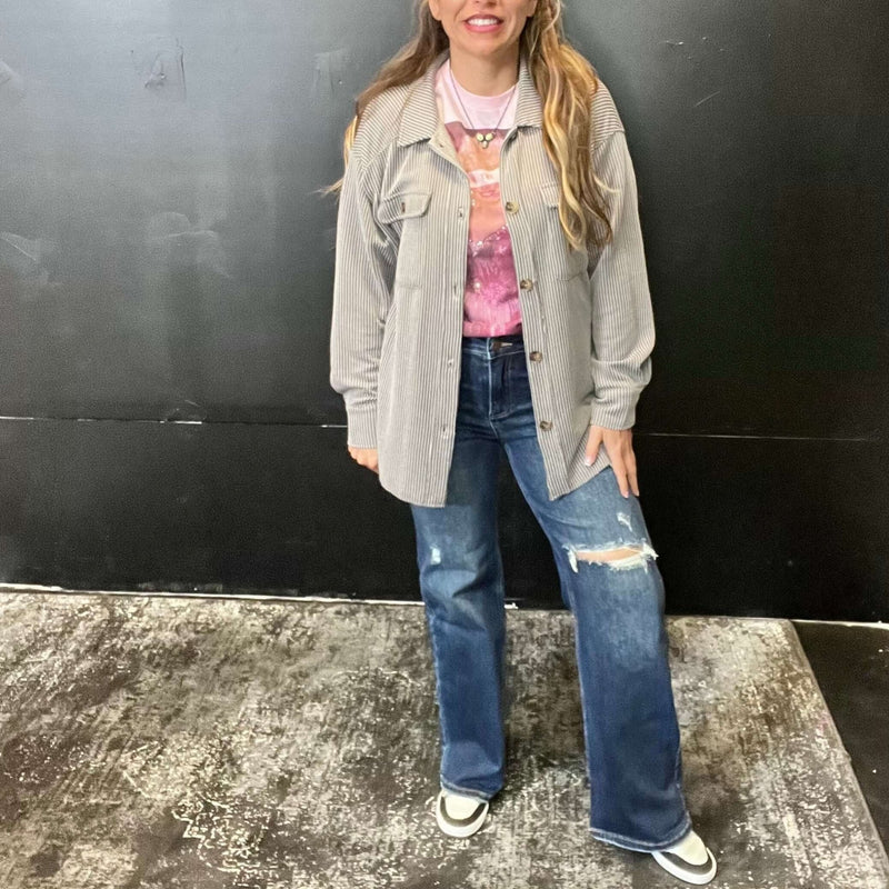 Grey Ribbed Big Button Top Shacket - Country Lace Boutique
