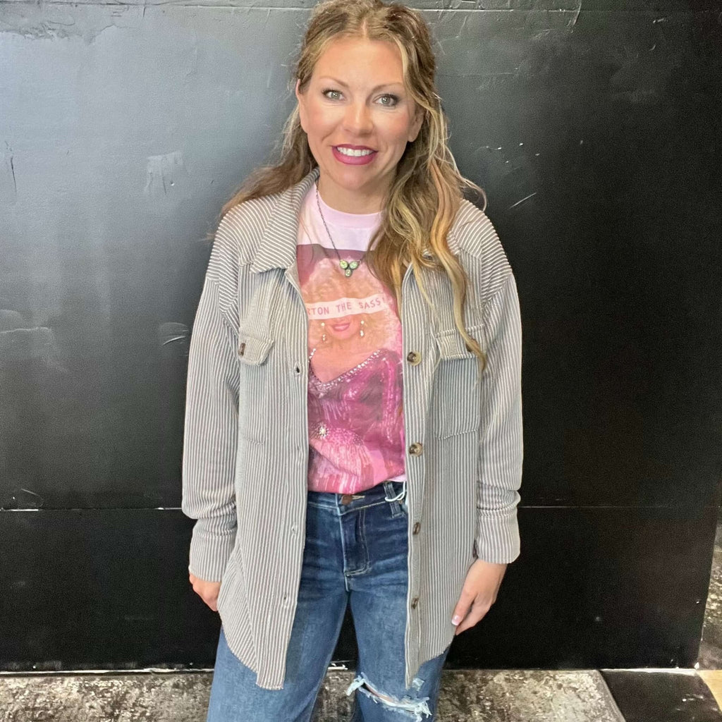 Grey Ribbed Big Button Top Shacket - Country Lace Boutique