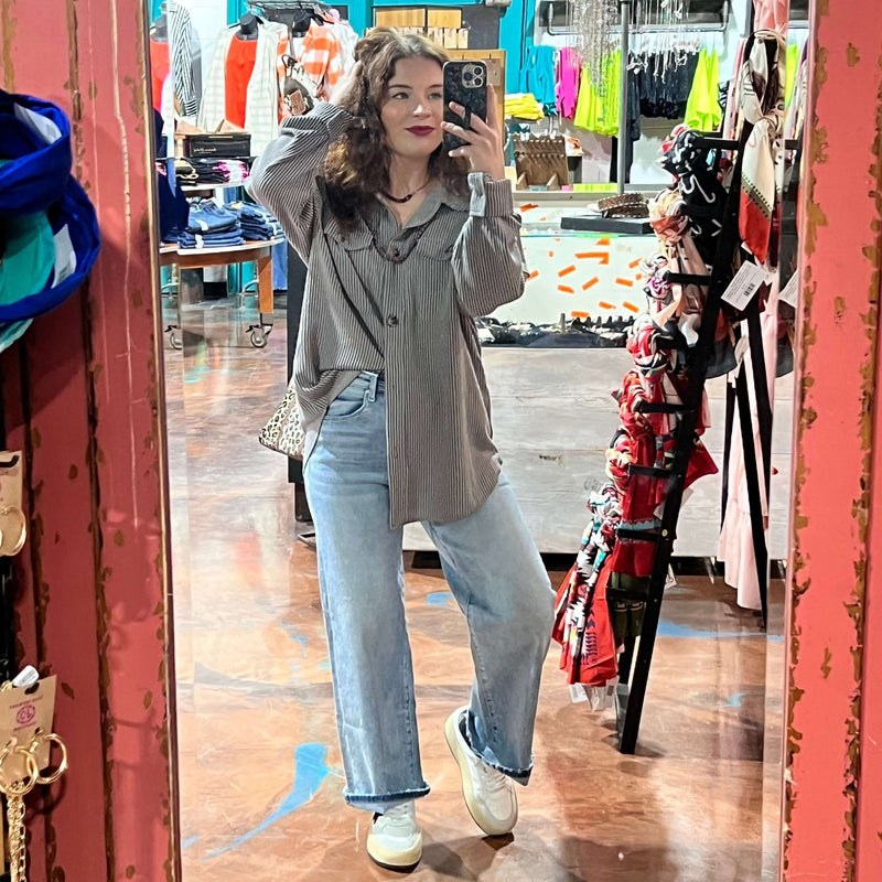 Grey Ribbed Big Button Top Shacket - Country Lace Boutique