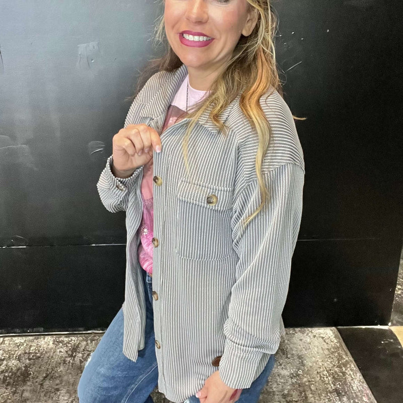Grey Ribbed Big Button Top Shacket - Country Lace Boutique