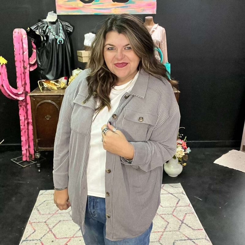 Grey Ribbed Big Button Top Shacket - Country Lace Boutique