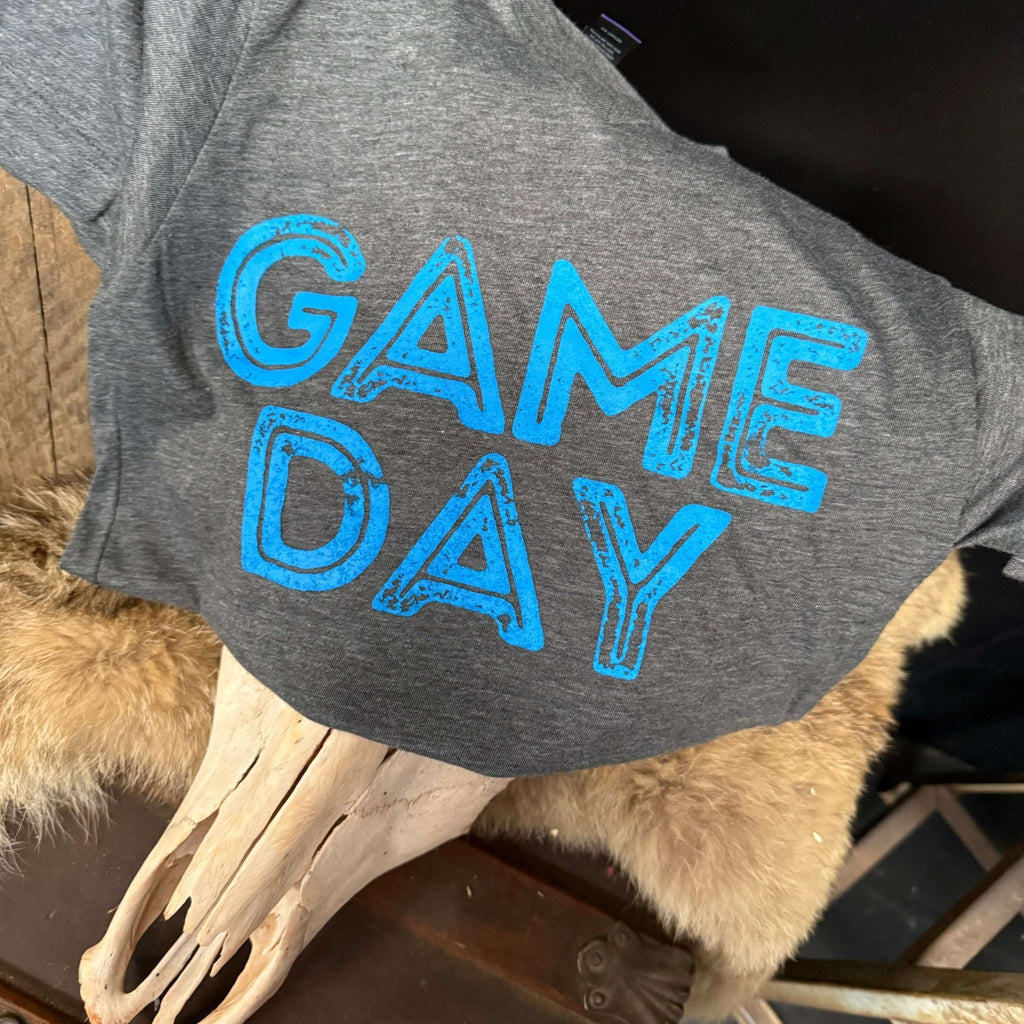 Heather Charcoal Grey Game Day with Blue V - Neck T-shirt / XS - Country Lace Boutique