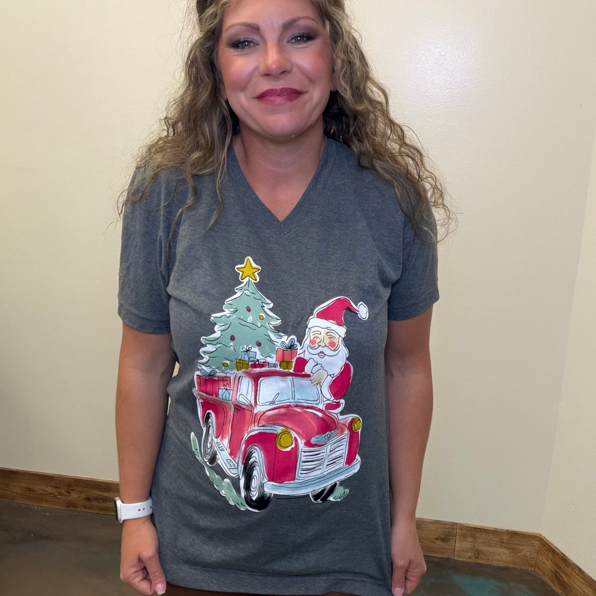 Heather Grey Santa Red Truck V Neck Short Sleeve T Shirt - Country Lace Boutique