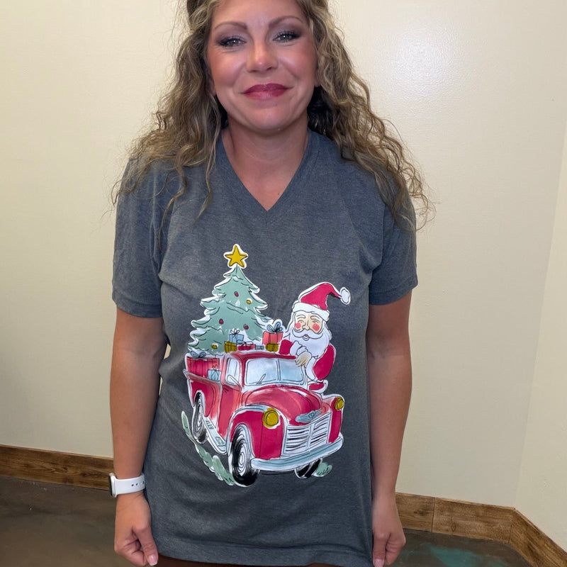 Heather Grey Santa Red Truck V Neck Short Sleeve T Shirt - Country Lace Boutique