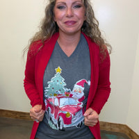 Heather Grey Santa Red Truck V Neck Short Sleeve T Shirt - Country Lace Boutique