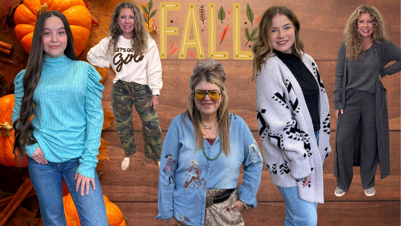 Five women in various outfits with pumpkins and a 'Fall' sign in the background
