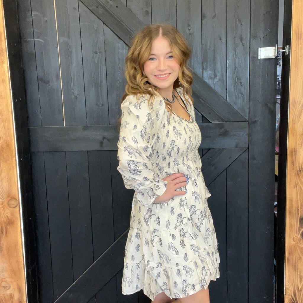 Horse Print Puff Sleeve Dress - Country Lace Boutique