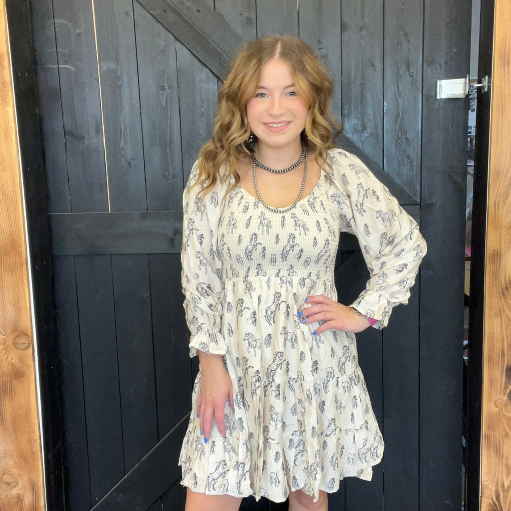 Horse Print Puff Sleeve Dress - Country Lace Boutique