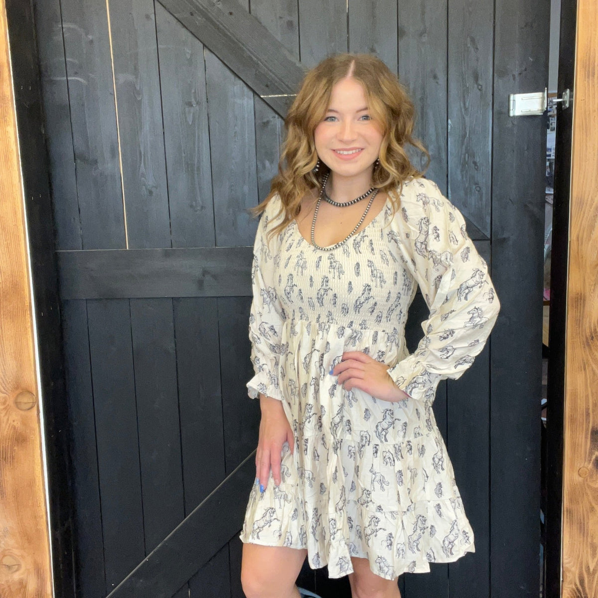 Horse Print Puff Sleeve Dress - Country Lace Boutique