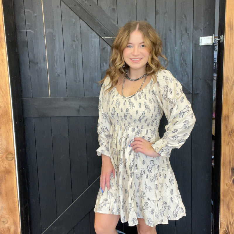 Horse Print Puff Sleeve Dress - Country Lace Boutique
