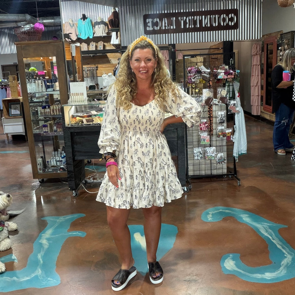 Horse Print Puff Sleeve Dress size large - Country Lace Boutique