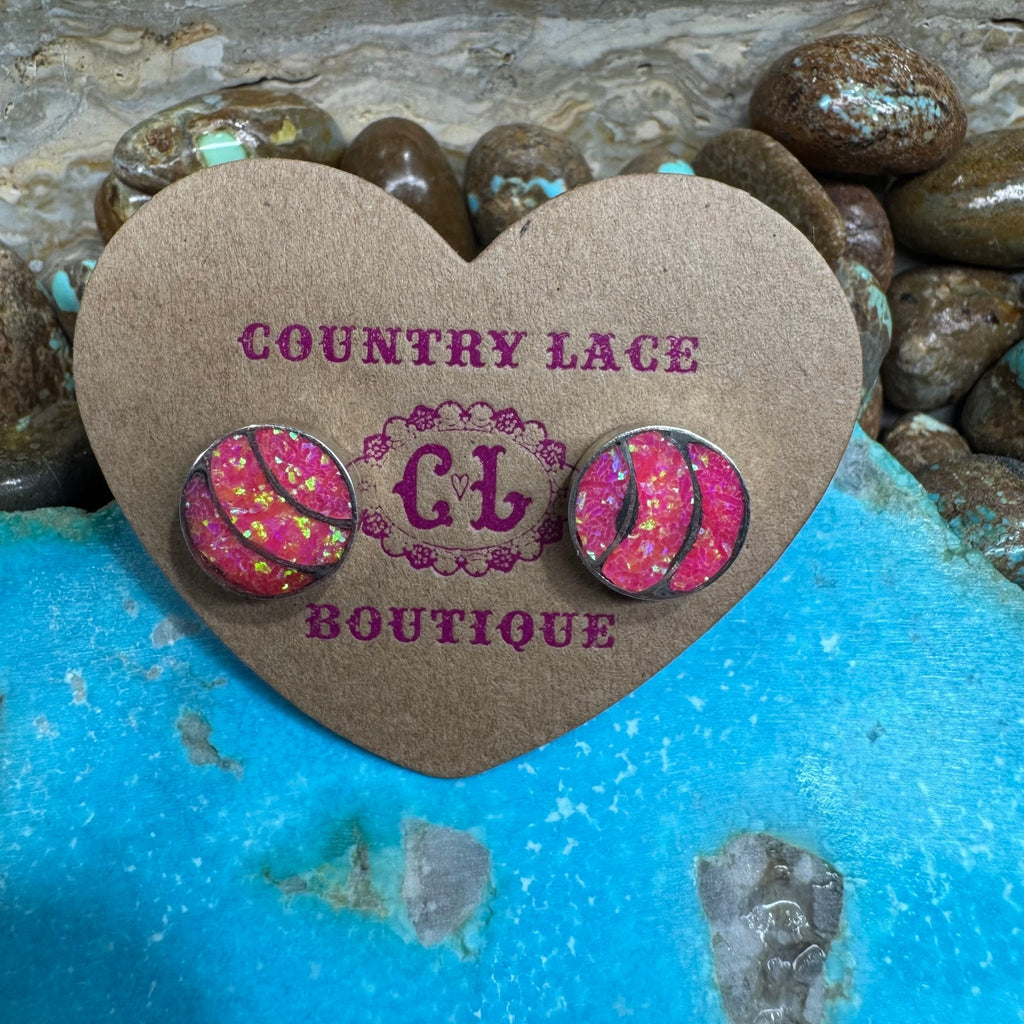 Hot Pink Opal Inlay Round Post Stud Sterling Silver Earring - Country Lace Boutique