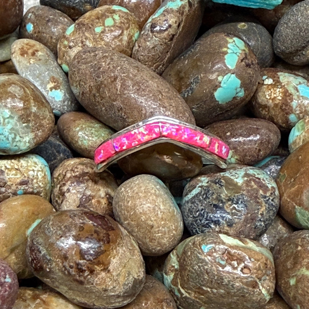 Hot Pink Opal Inlay Stacker V Shape Sterling Silver Ring - Country Lace Boutique