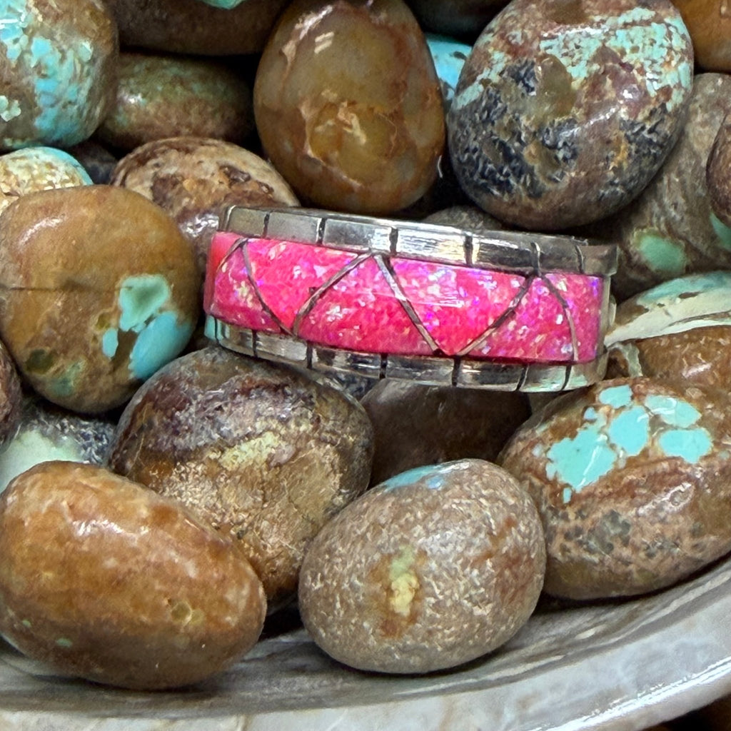 Hot Pink Opal Inlay with Wide Detailed Band Sterling Silver Ring - Country Lace Boutique
