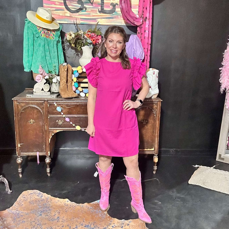 Hot Pink Ruffle Shoulder Short Dress size large - Country Lace Boutique