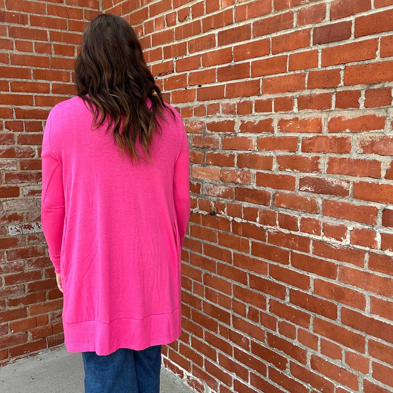 Hot Pink Snap Down w/ Pockets Long Sleeve Soft Cardigan - Country Lace Boutique