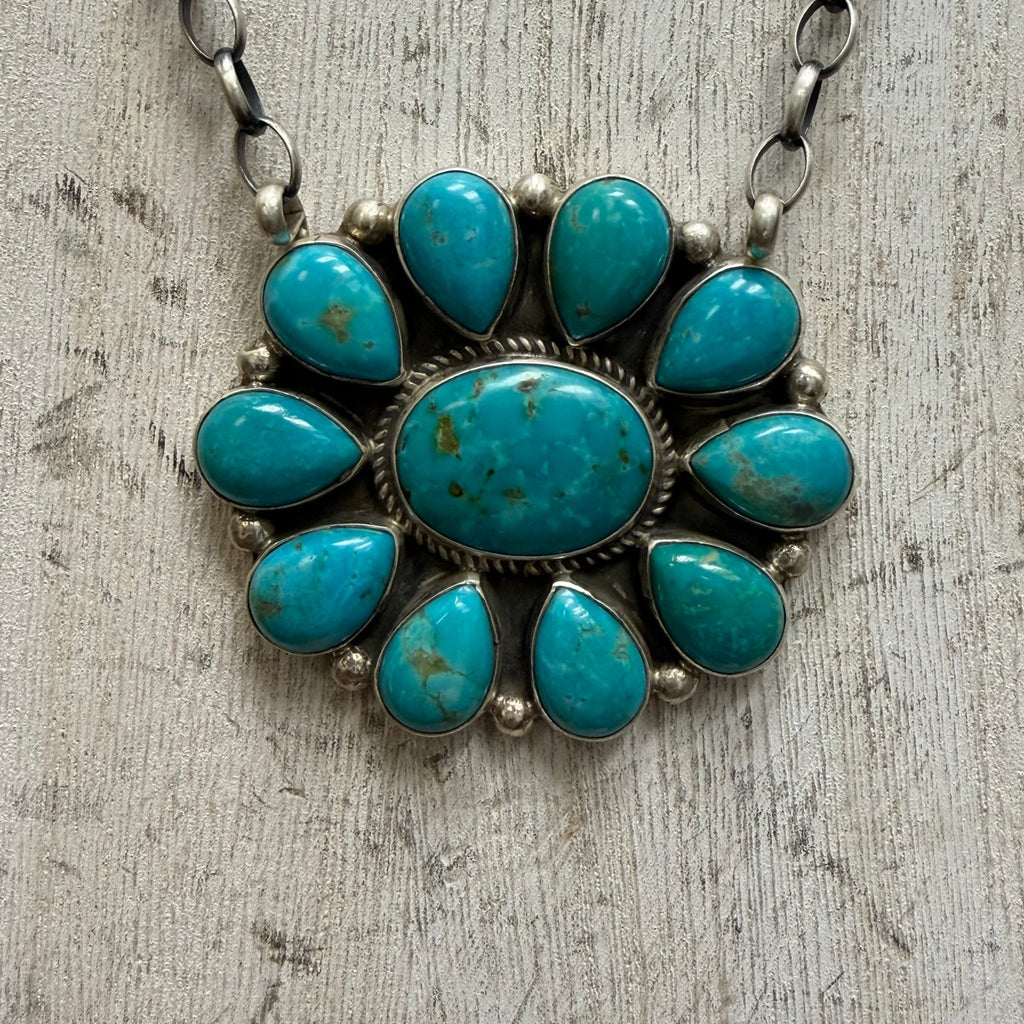 Huge Kingman Turquoise Cluster Sterling Silver Necklace - Country Lace Boutique