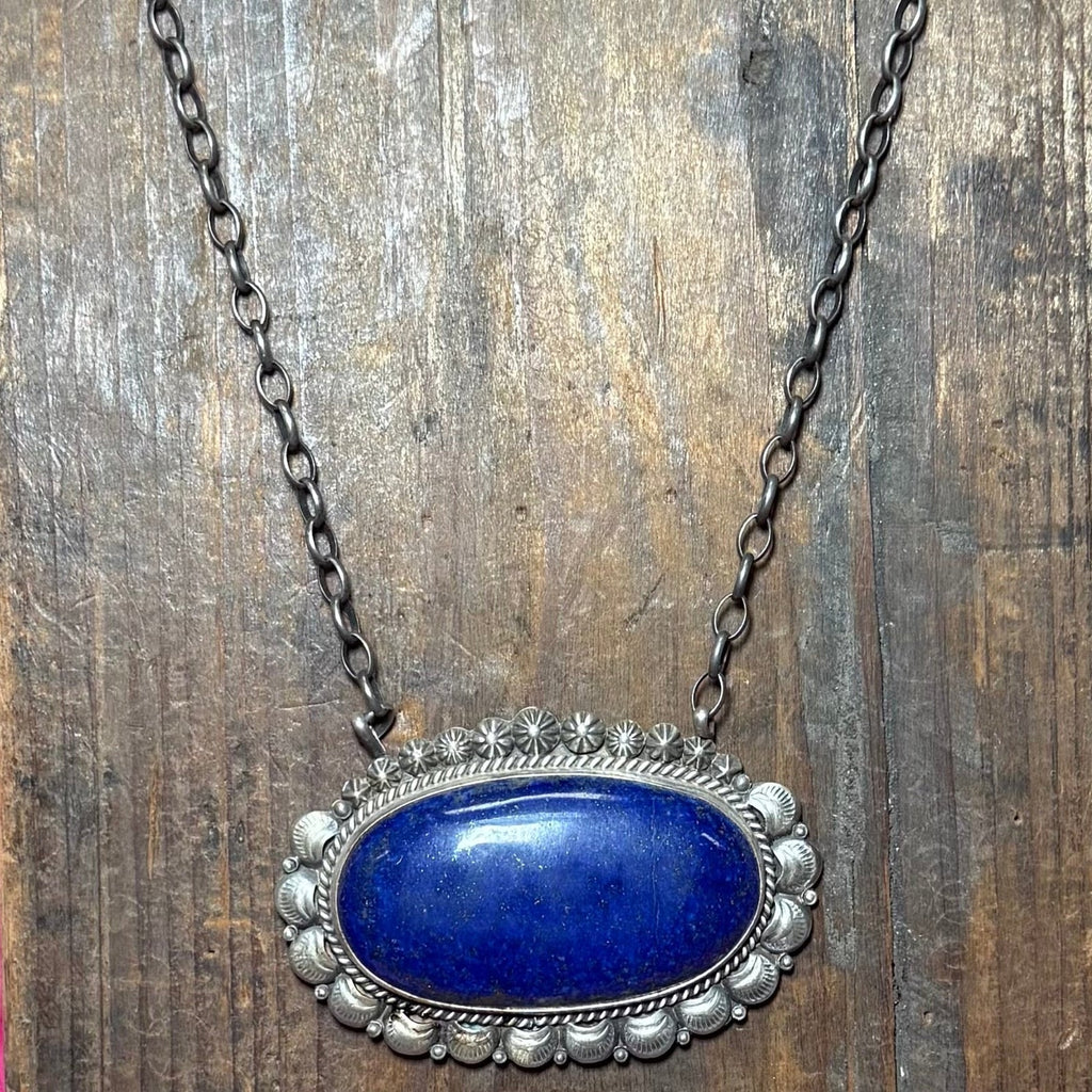 Huge Lapis Starburst Chain Sterling Silver Necklace - Country Lace Boutique
