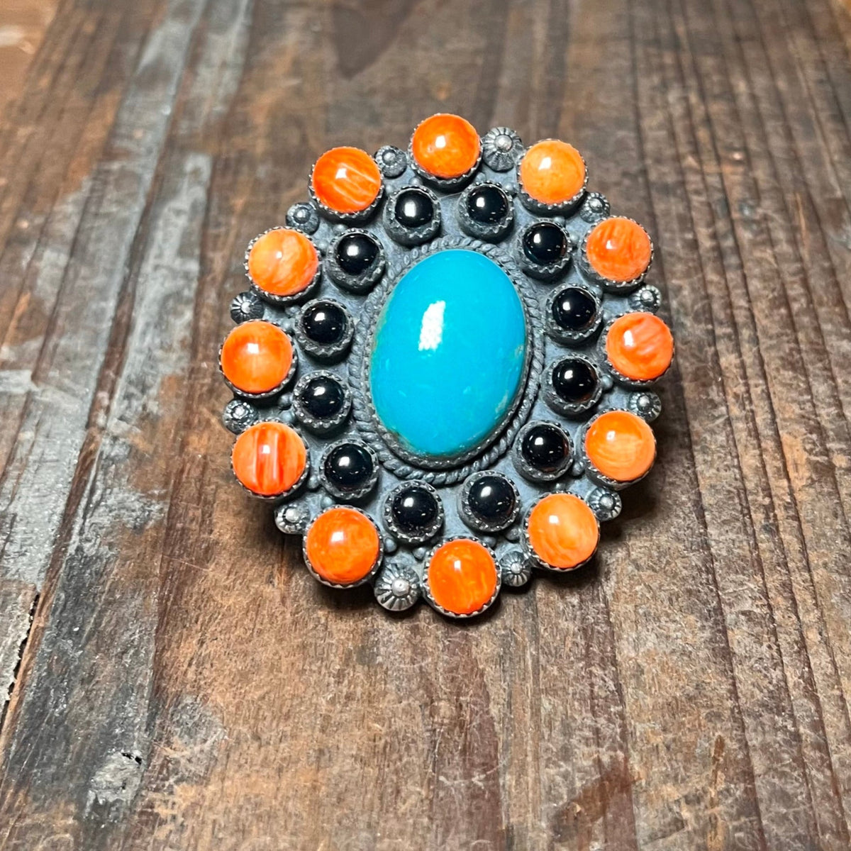 Huge Statement Orange Spiny Black Onyx & Turquoise Adjustable Genuine Ring - Country Lace Boutique