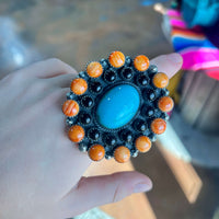 Huge Statement Orange Spiny Black Onyx & Turquoise Adjustable Genuine Ring - Country Lace Boutique